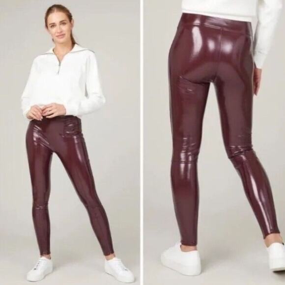 Spanx Faux Patent Leather Leggings Ruby Burgundy Glossy Womens Size XS - Picture 2 of 9